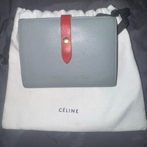 Celine authentic Gray Leather Wallet with Red Strap EUC